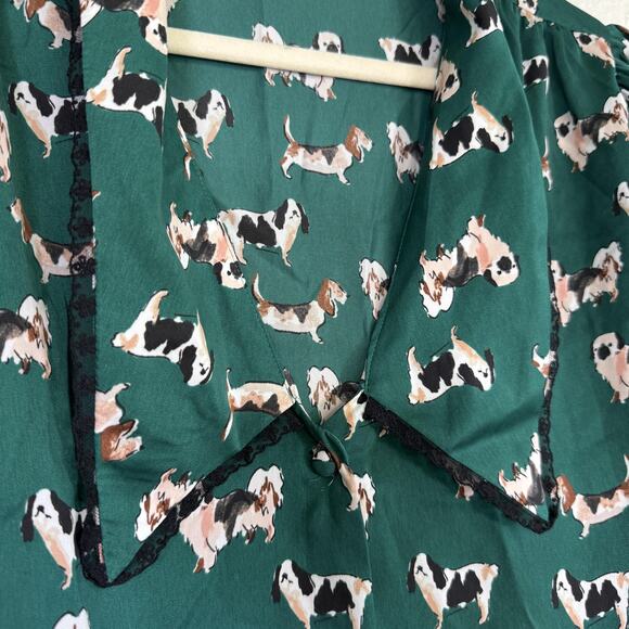 Zara Top Womens XL Dog Print Bow Button Blouse Novelty New Green Blogger Fave - Picture 7 of 13
